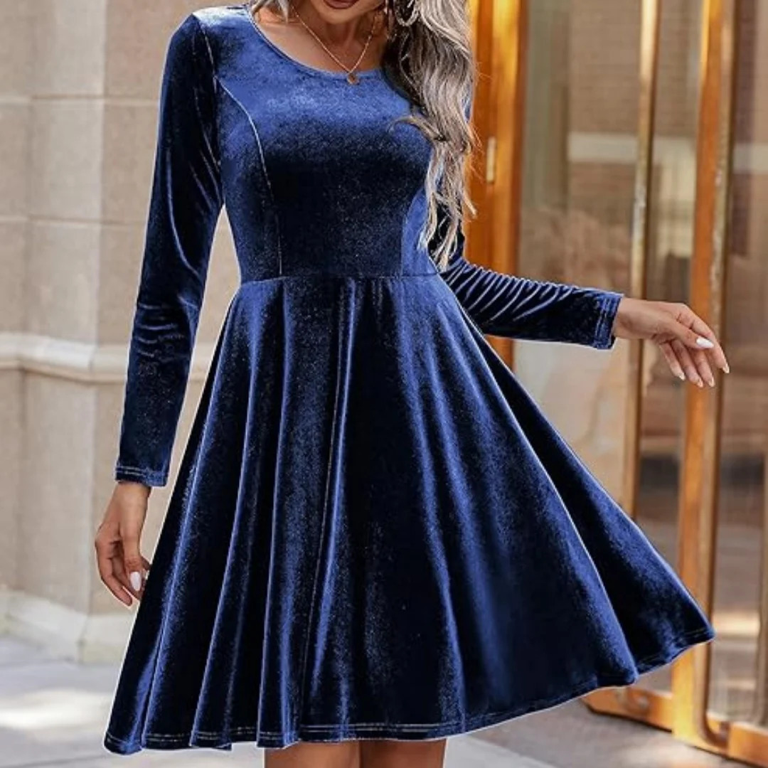 Christmas Party Basic Velvet Midi Dress A-Line Round Neck Long Sleeve Elegant Dress Fashion Womens Dress Holiday Dress 241205