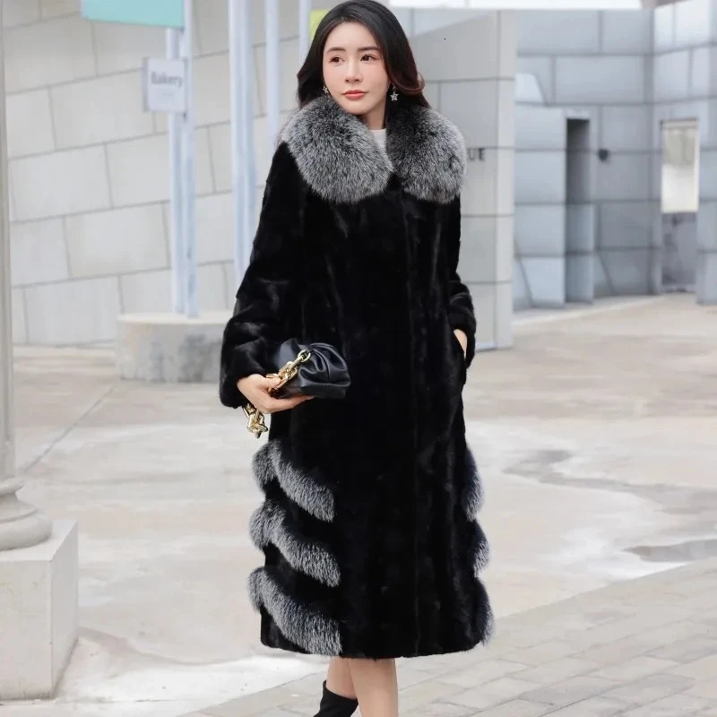 Mink coat womens premium 100% real mink coat womens winter coat real fox collar womens jacket loose fur coat 241202