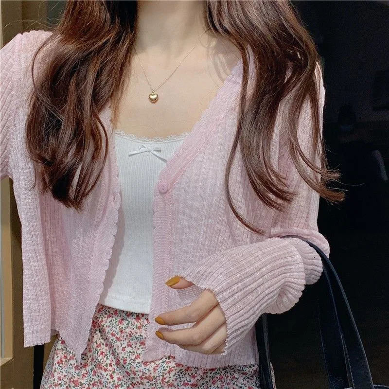 Womens Crooped Tops Korean long sleeved cardigan summer Vneck thin knitted sun protection sweater 241206