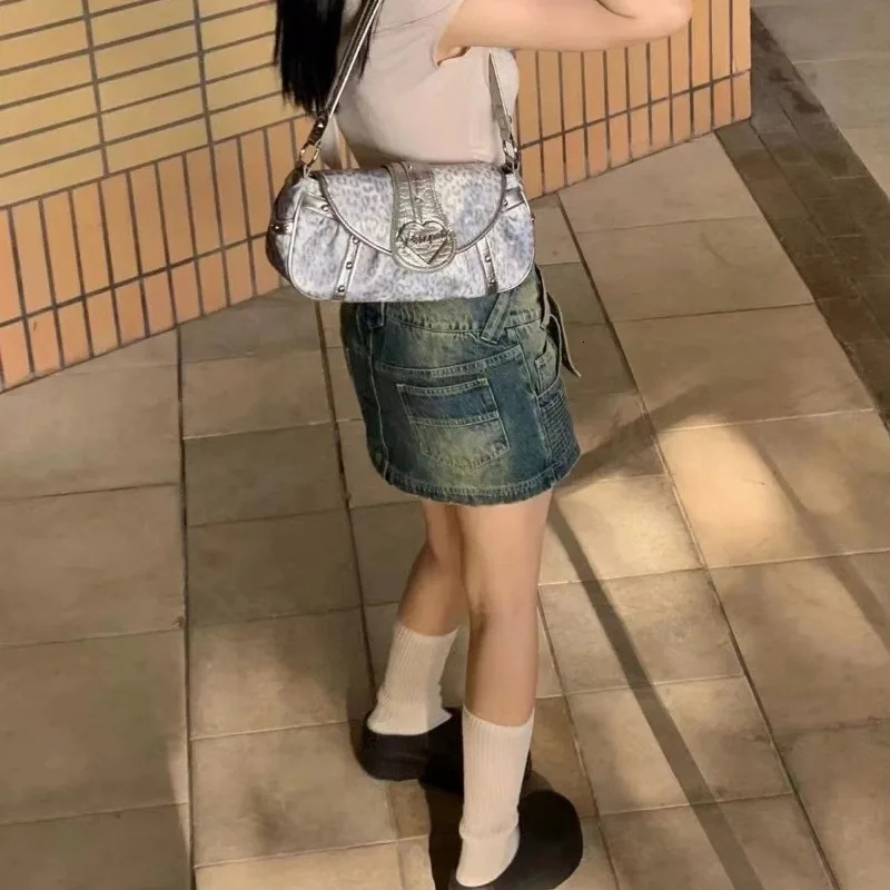 Gainny Y2k leopard print shoulder bag for women retro Korean fashion trend cross body bag Harajuku streetwear aesthetic youth bag 241205