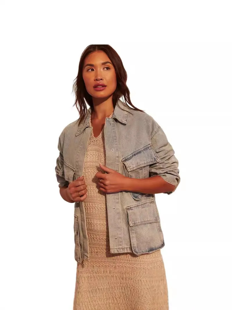 Retro womens denim jacket fashionable and fully matched for daily cutting aesthetic solid streetwear 241206