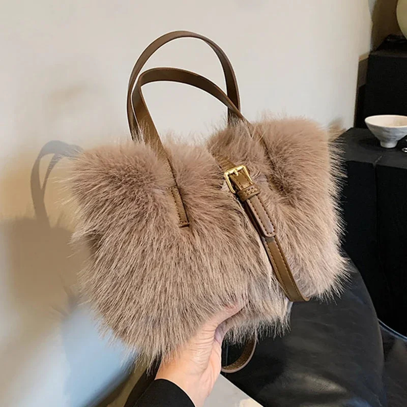Winter shoulder bag soft and fluffy artificial fur bag fashionable womens plush handbag casual zipper square messenger bag 241205