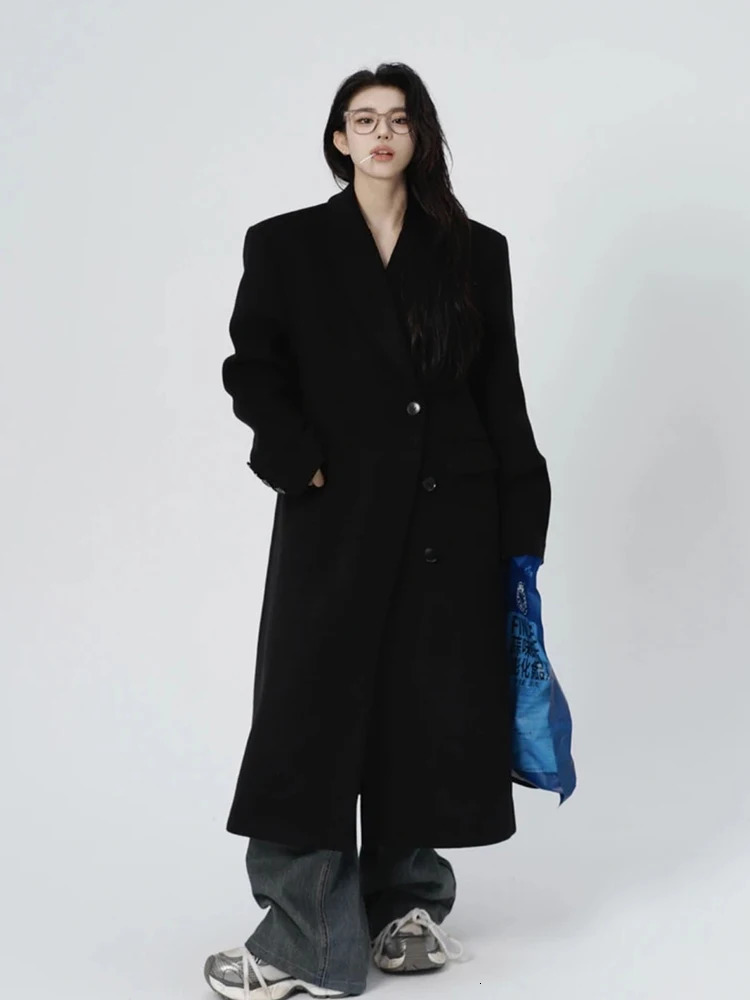 Black Lapel Long Wool Blend Coats Tops Korea Fashion Cotton Padded Lined Casual Chaquetas Elegant Loose Women Jackets Casaco 241202