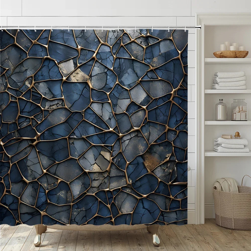 Vintage Blue Gold Marble Terrazzo Shower Curtain Sets 3D Bathroom Curtain Non-Slip Bath Mat Rugs Toilet Cover Home Decor 241206