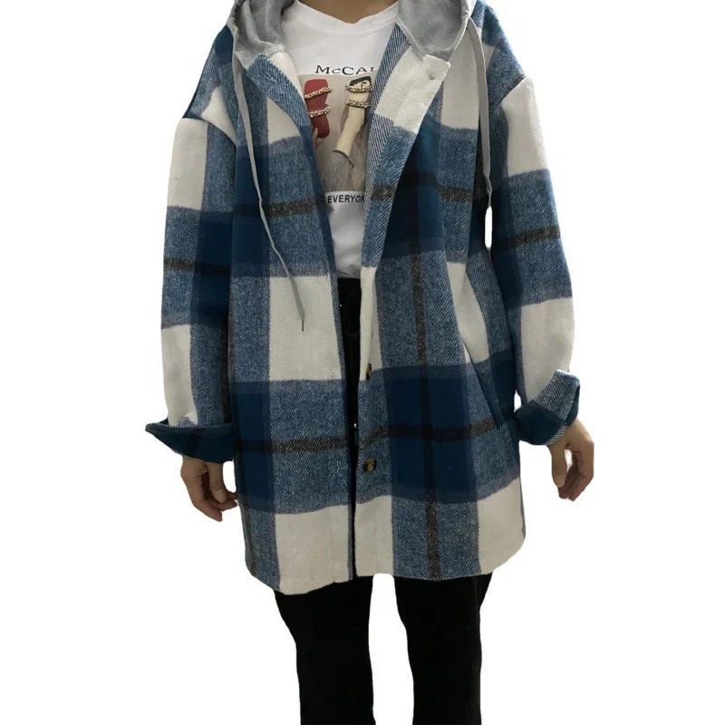 Cross Border Independent Station Flannel Plaid Hooded Woolen Coat for Women 241202
