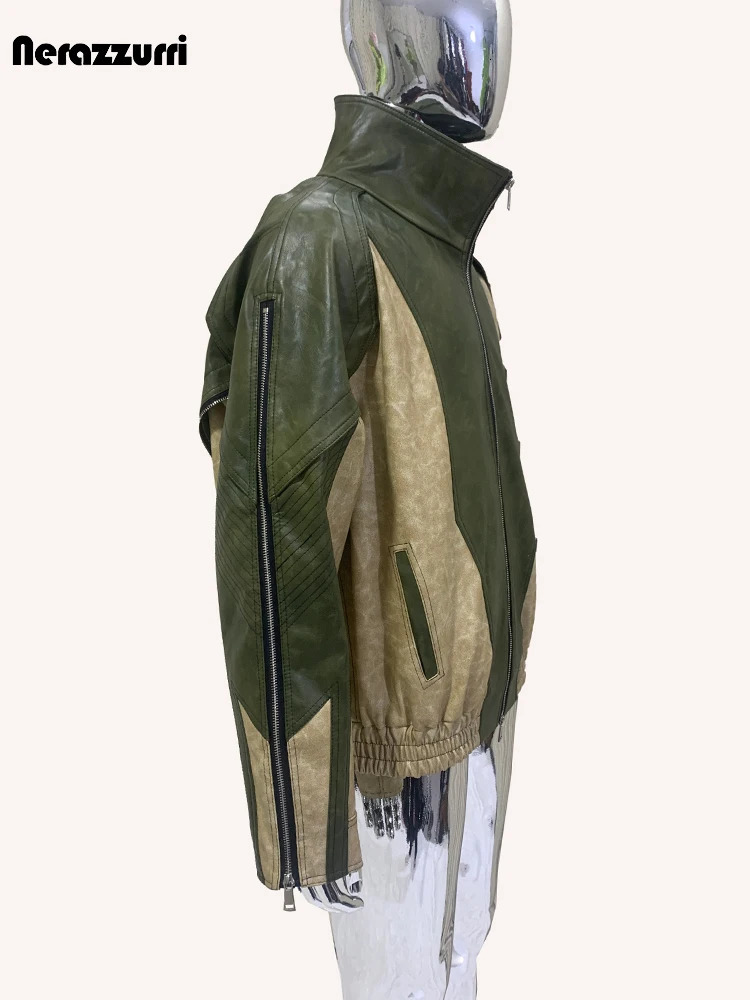 Blue and Black Legion Spring and Autumn Cool Windproof Color Block Pu Leather Jacket Mens Zipper er Runway Clothing 241205