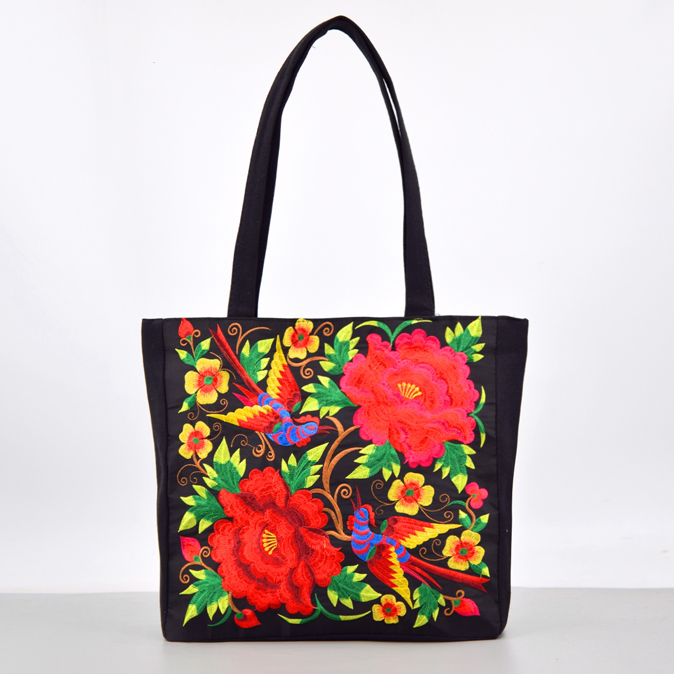 Ethnic embroidered shoulder with large capacity Yunnan women's tote bag, canvas, Chinese style peony handbag, shopping bag