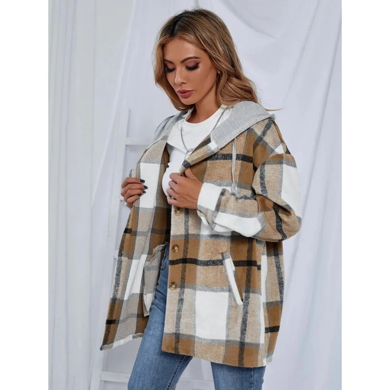 Cross Border Independent Station Flannel Plaid Hooded Woolen Coat for Women 241202