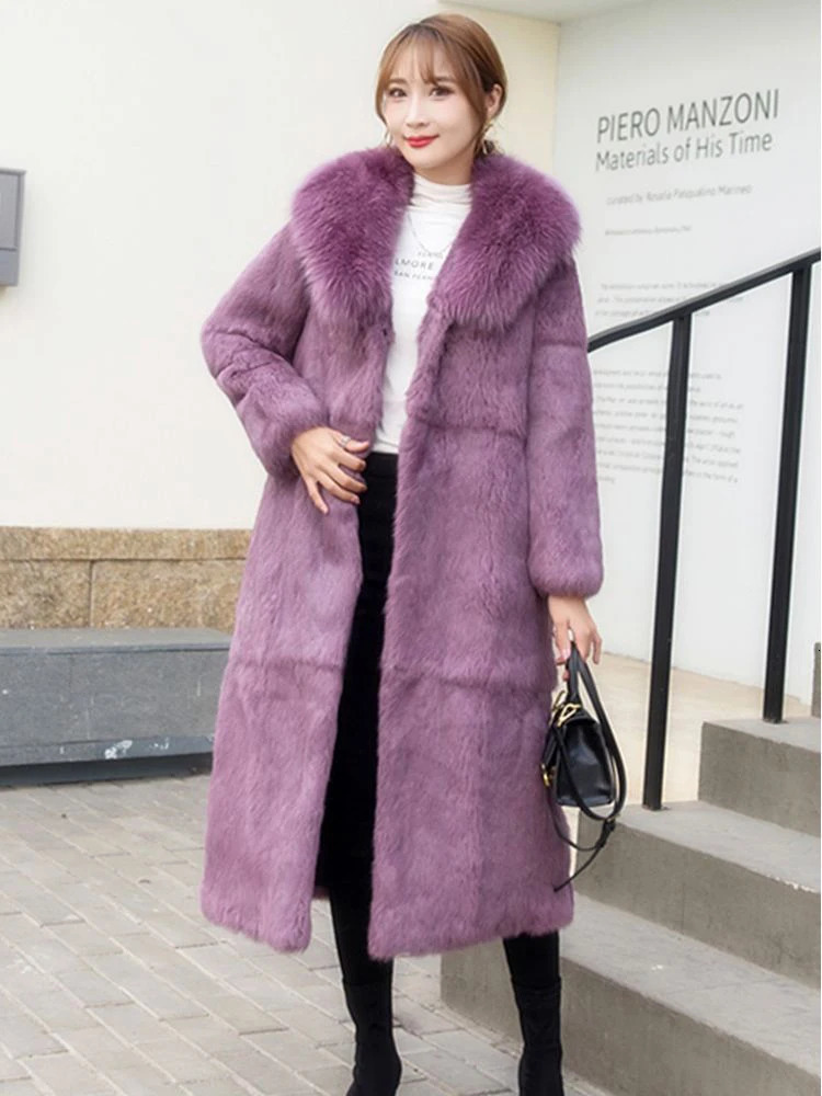Winter rabbit fur coat womens fox fur collar long jacket natural fur fluffy pleated plus size fashionable womens clothing 241202