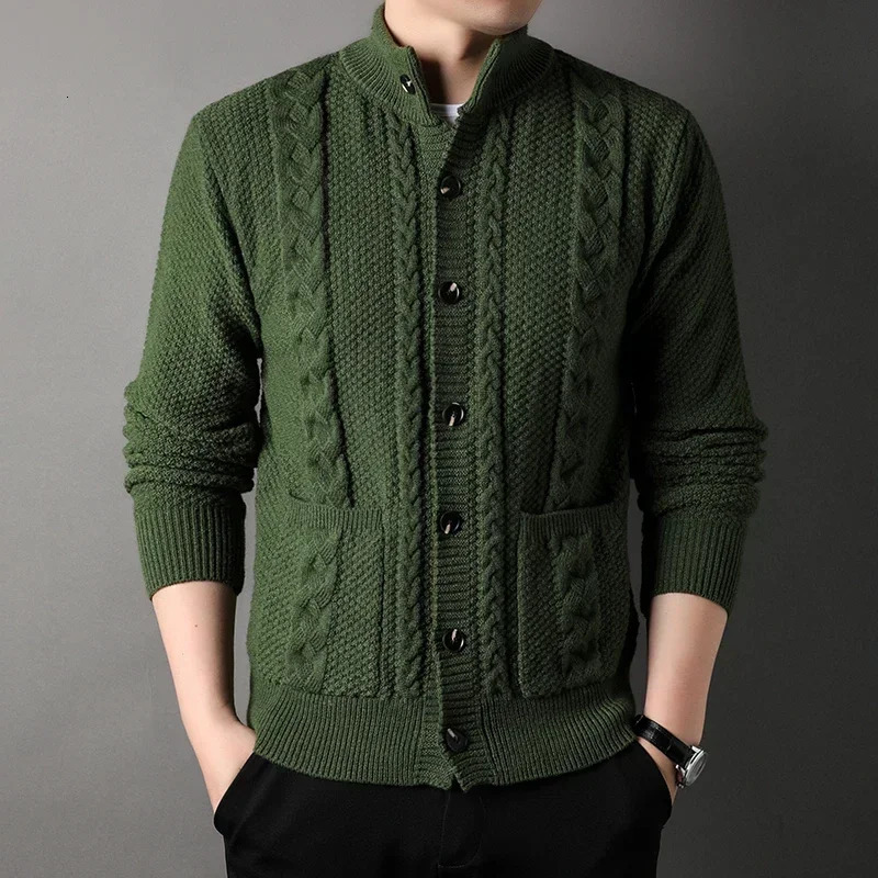 Mens diamond plain weave thick wool warm and fashionable long sleeved casual cardigan knitted sweater for men 241206