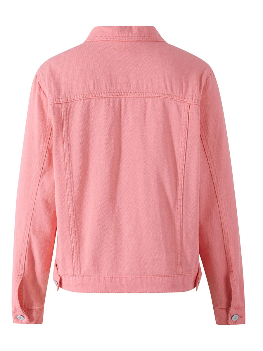 Womens denim jacket solid color black blue yellow pink casual long sleeved button down chest pocket 241206
