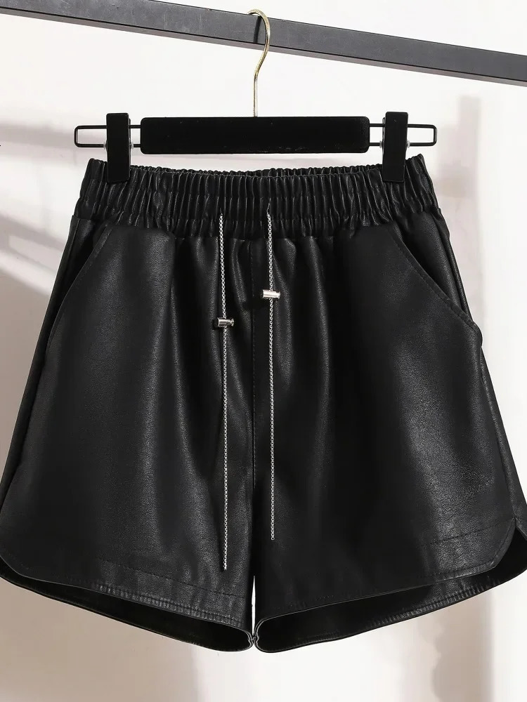 Womens Autumn Loose Wide Leg Shorts Womens High Waist Casual Pocket Shorts Womens PU Leather Shorts L531 241206