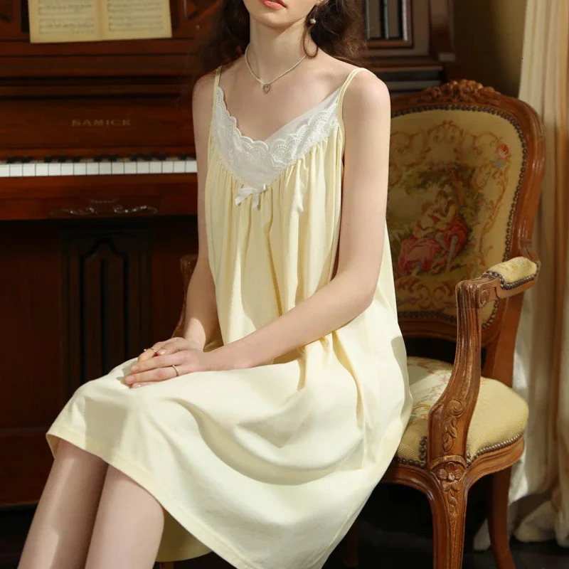 Vintage Solid Sleepwear Adjustable Lace Sleeveless Nightgown For Women Backless V Neck Casual Nightdress 241203