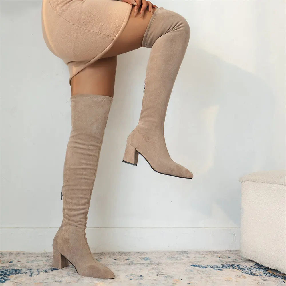 classic sexy womens over the knee boots elegant Block high heels elastic and stretchy party size 42 241206