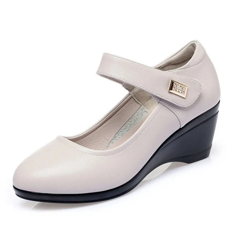 Mom Shoes High-heel Wedge Women Autumn Shoes Round Head Mid-aged Shallow Mouth Ladies Shoes