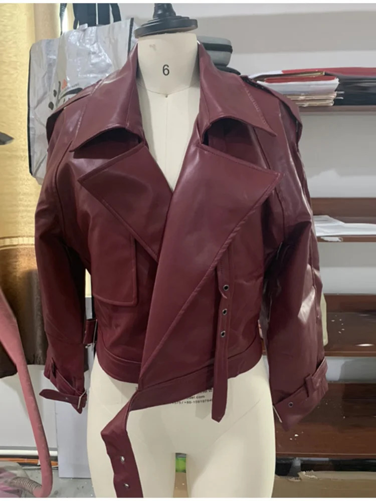 Casual Street Leather Jacket Women Solid Lapel Long Sleeved Belt Crop Female Coats 2024 Autumn Y2k Fashion Loose Pu Outwear Lady 241205