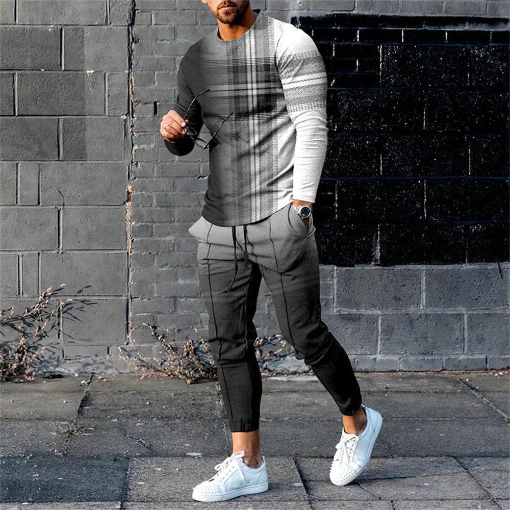 Mens casual 2-piece long sleeved T-shirtlong sleeved sports pants set fashionable top T-shirt 241205