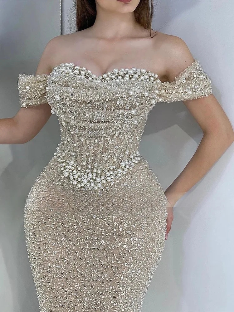 2025 Sequins Prom Dresses Off the Shoulder Sweetheart Pearls Mermaid Birthday Evening Party Gown Christmas Wear Vestido Fiesta Robe De Soriee