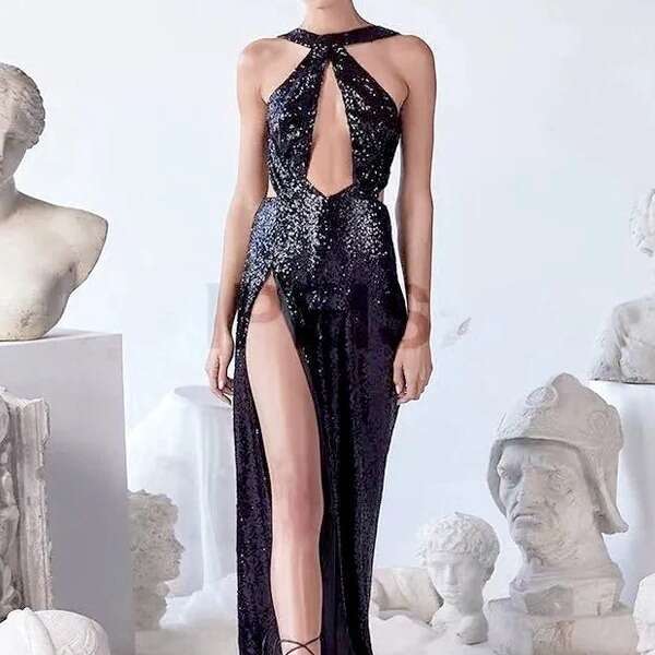 Spring/Summer Sexy Party Bead Irregular Temperament Evening Women's Hanging Neck Dress 2024 New Casual Versatile Fashion Clothing