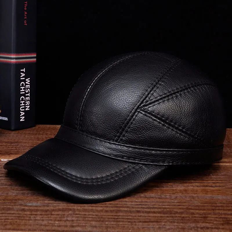 HL030 Mens Genuine Leather Baseball Hat Cowboy Leather Warm Hat 241206