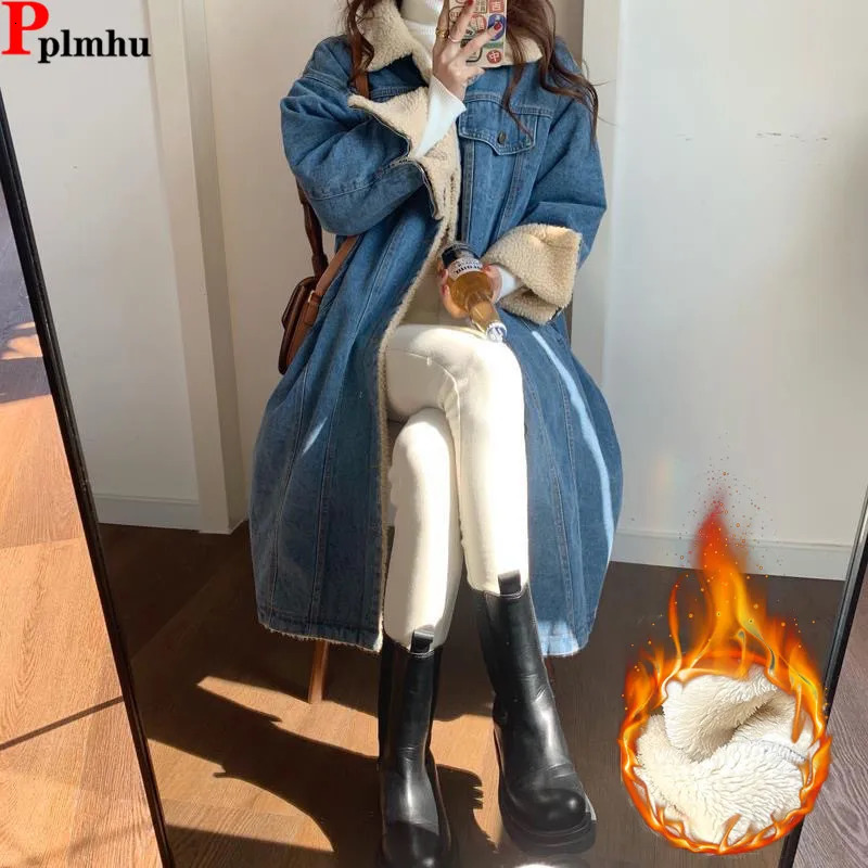 Lambwool lined medium length denim jacket autumn and winter collar retro streetwear casual Chaquetas top Korean womens Jaqueta 241206