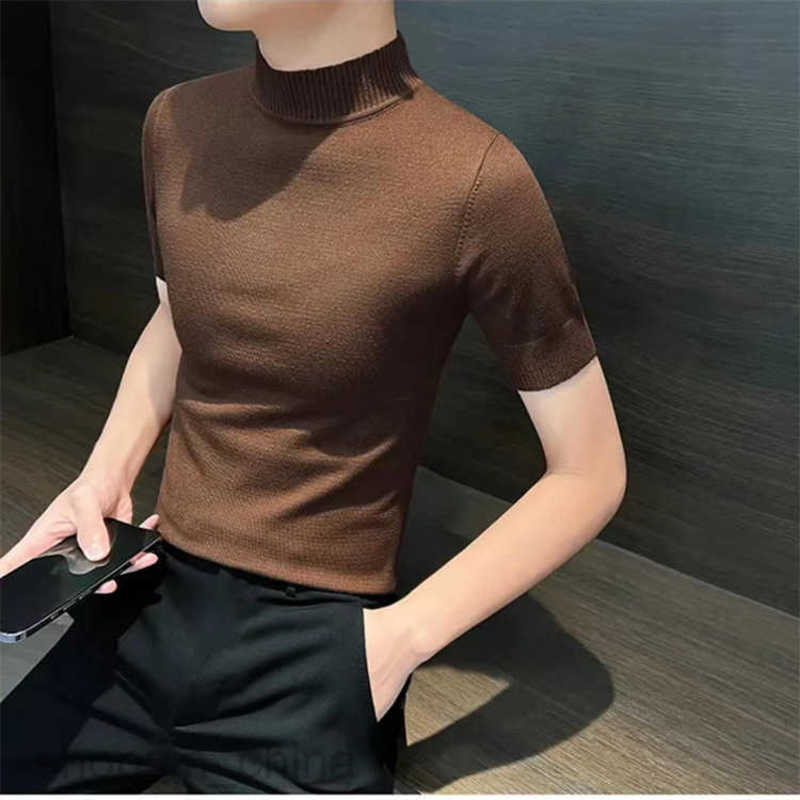 Men's Sweaters Mens knitted sweater for autumn and winter short sleeved semi high neck slim fit inner layer sweater men half sleeved base shirt s