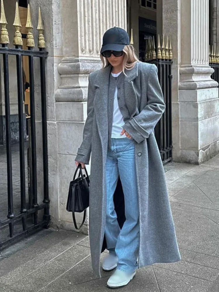 Autumn Grey Lapel Single Breasted Womens Long Wool Coat Chic Street Padded Shoulder Sleeve Jacket Female Outerwear 241202