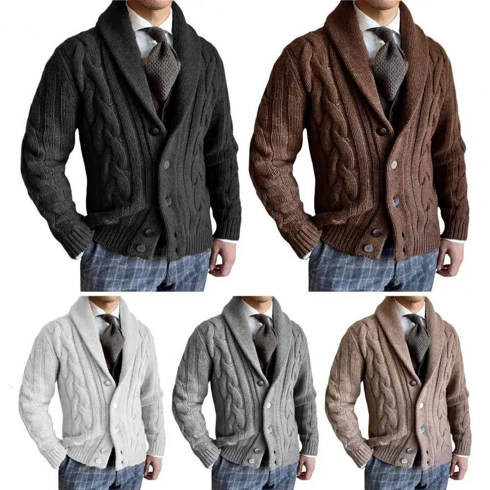 Mens sweater cardigan lapel long sleeved twisted texture button clre knitted jacket loose fit suitable for casual outerwear 241206