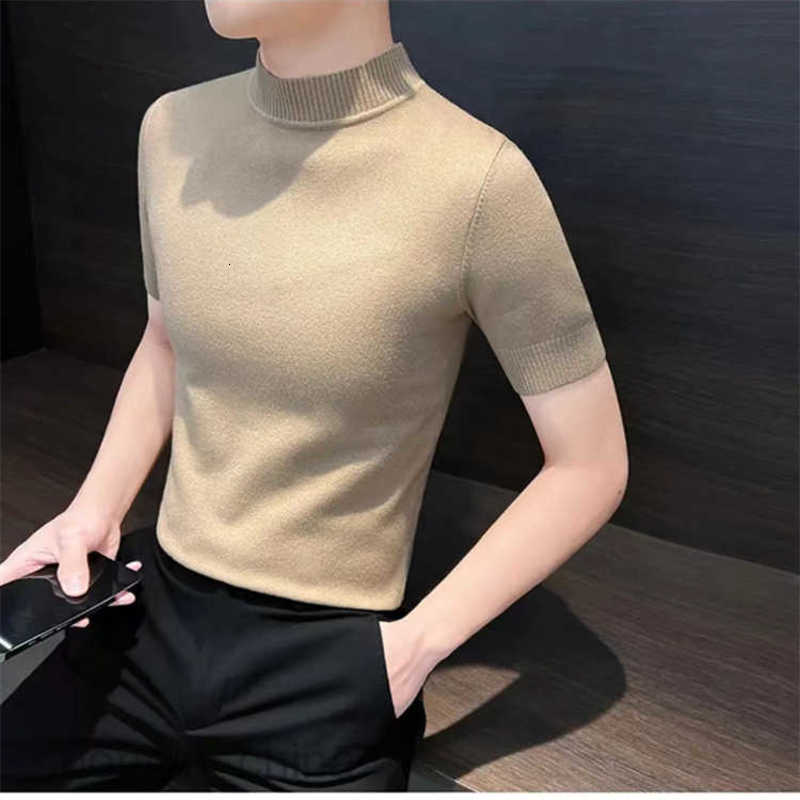 Men's Sweaters Mens knitted sweater for autumn and winter short sleeved semi high neck slim fit inner layer sweater men half sleeved base shirt s