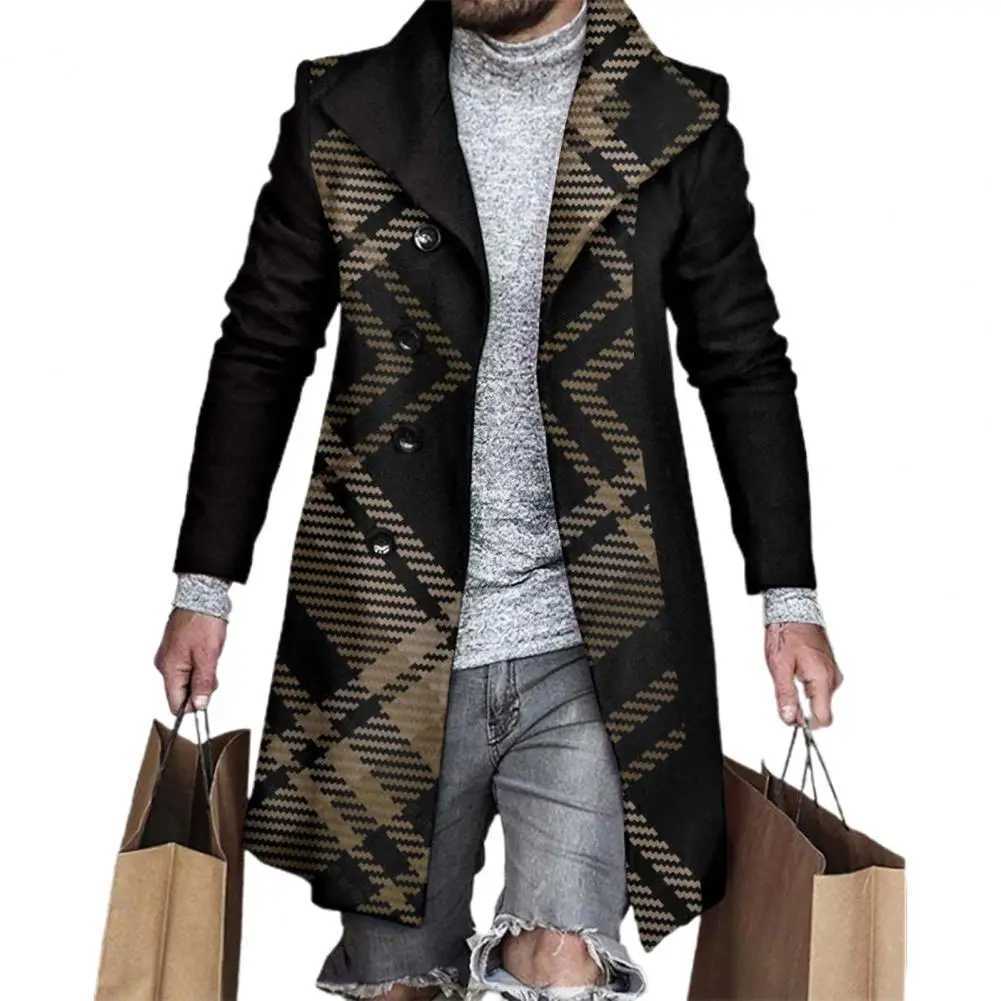 Collar long Slves pocket single breasted mens windproof machine autumn winter mid length flat patch work thick wool coat X241207