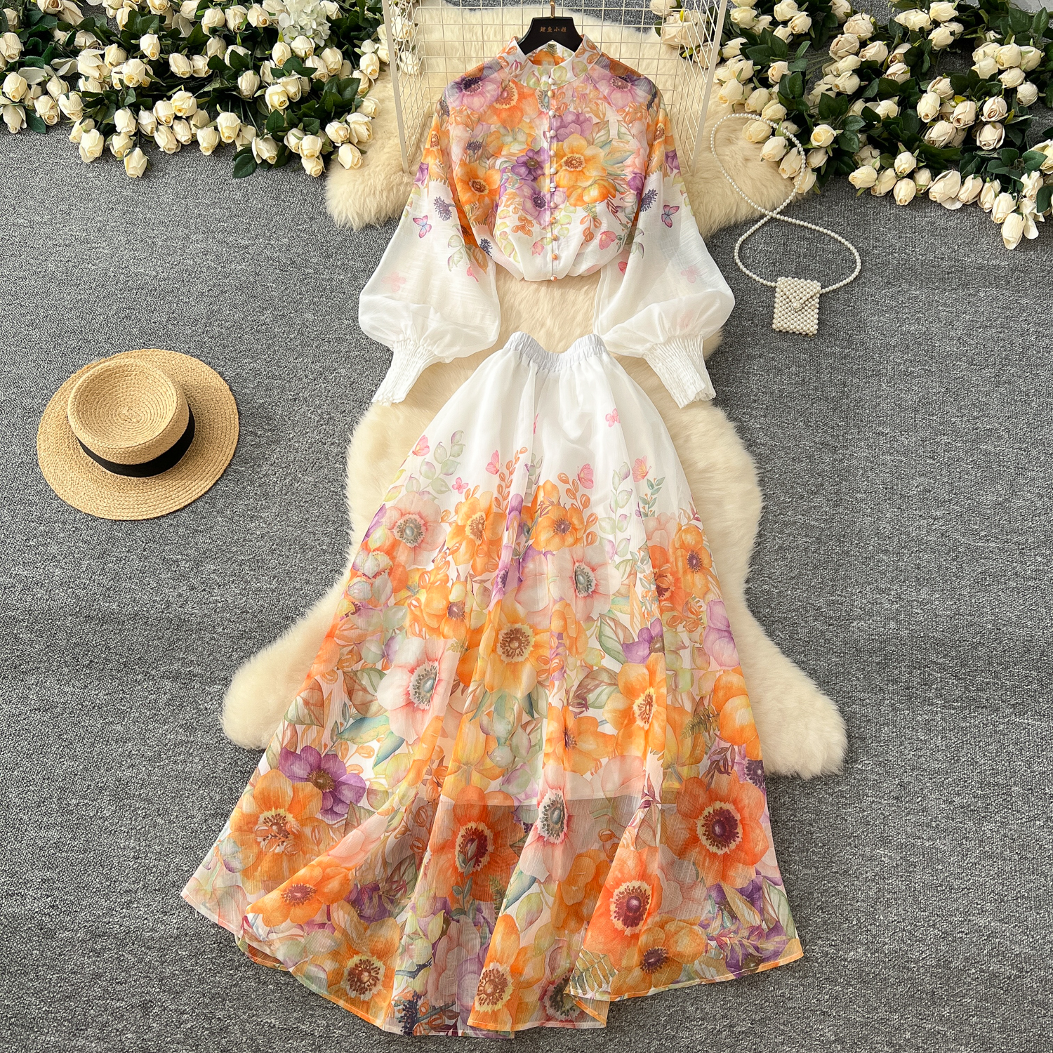 Two Dress Summer Holiday Gorgeous Wer Runway 2 Piece Set Women Long Lantern Sleeve Shirt Blouse And Elastic Waist A E Skirt Suit 2025
