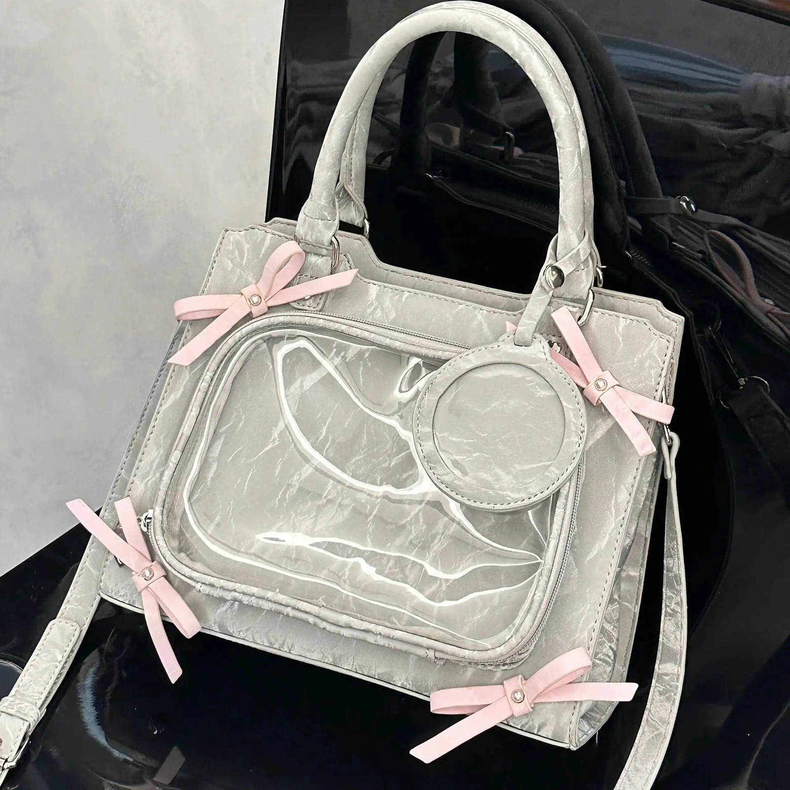 Vintage chic bow transparent zipper Ita bag Sweet Y2k fashionable cute shoulder bag fashionable luxurious womens shoulder bag 241205