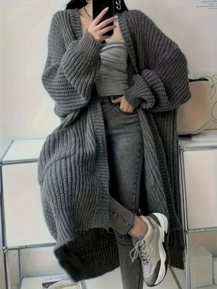 Plussize Length Cardigan Longsleeved Loose Versatile Pockets Jacket Work Daily Womens Streetwear Outerwear for Autumn Winter 241203