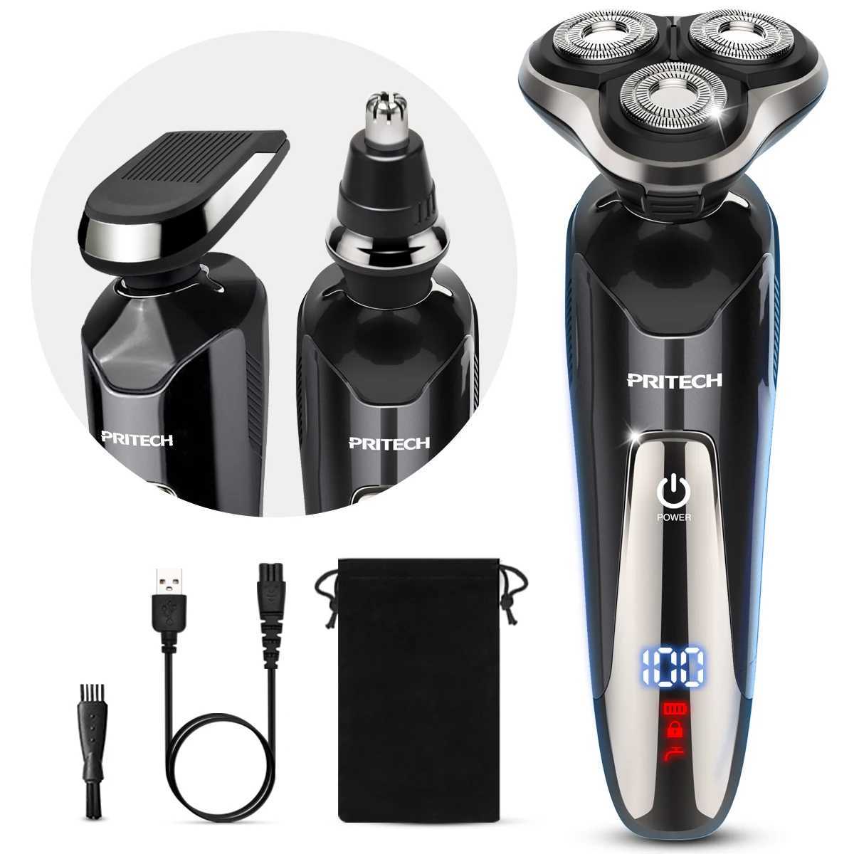 Pritech Mens Electric Shaver Hair Trimmer USB Rechargeable Razor Cordless Clipper Face Waterproof Rotary Beard Nose TrimmerXJ241207