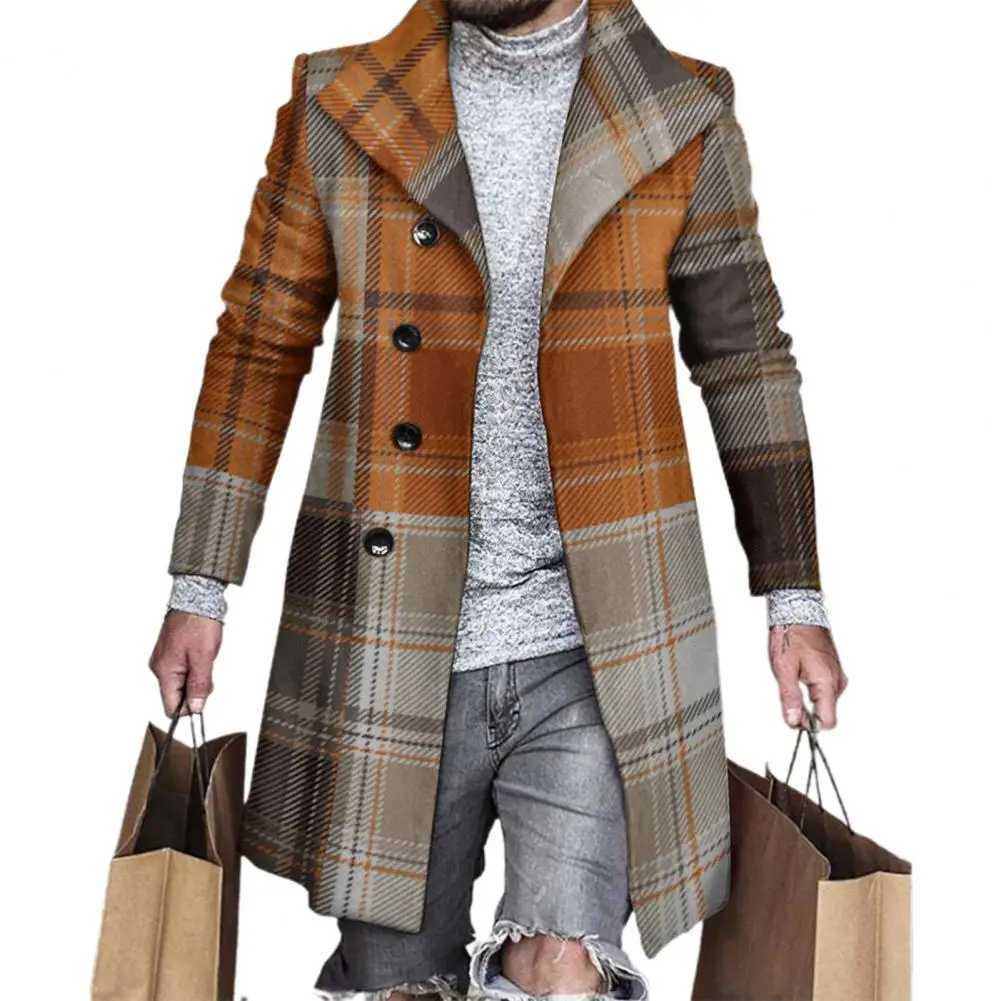 Collar long Slves pocket single breasted mens windproof machine autumn winter mid length flat patch work thick wool coat X241207