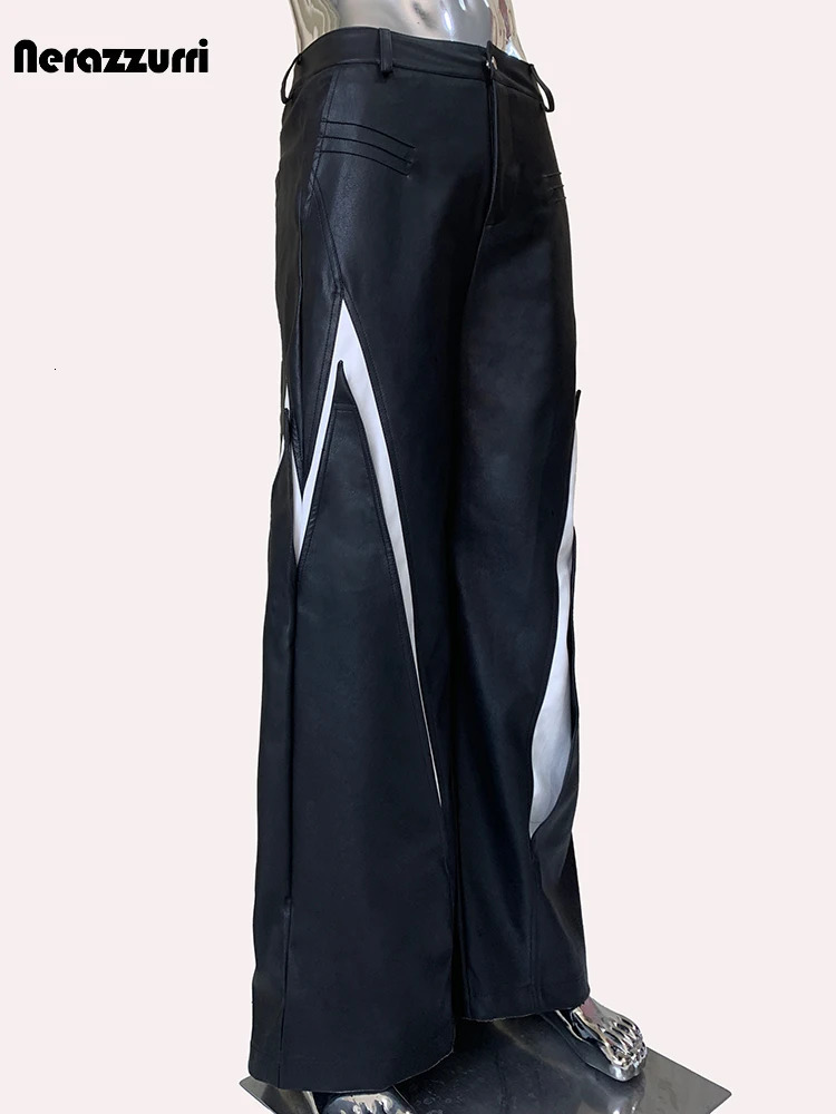 Sapphire autumn cool long white black block Pu leather wide leg mens er streetwear 241205
