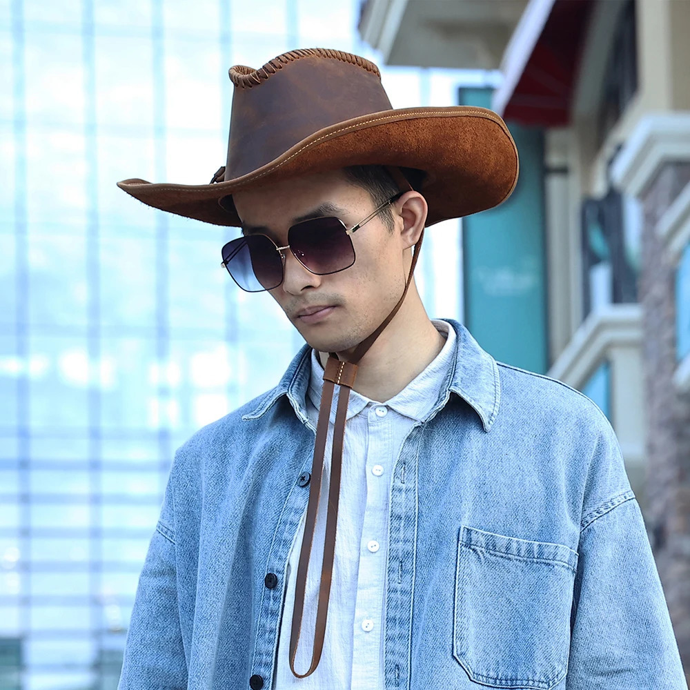 JOYIR genuine leather mens western cowboy hat retro hat handmade western shape durable large 60CM back cover 241206