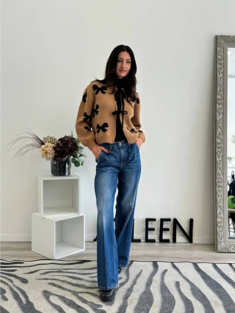 Bow Lace Up Knitted Women Sweater Preppy Hollow Out Oneck Long Sleeve Female Cardigan Autumn Print Patchwork Lady Knitwear 241203