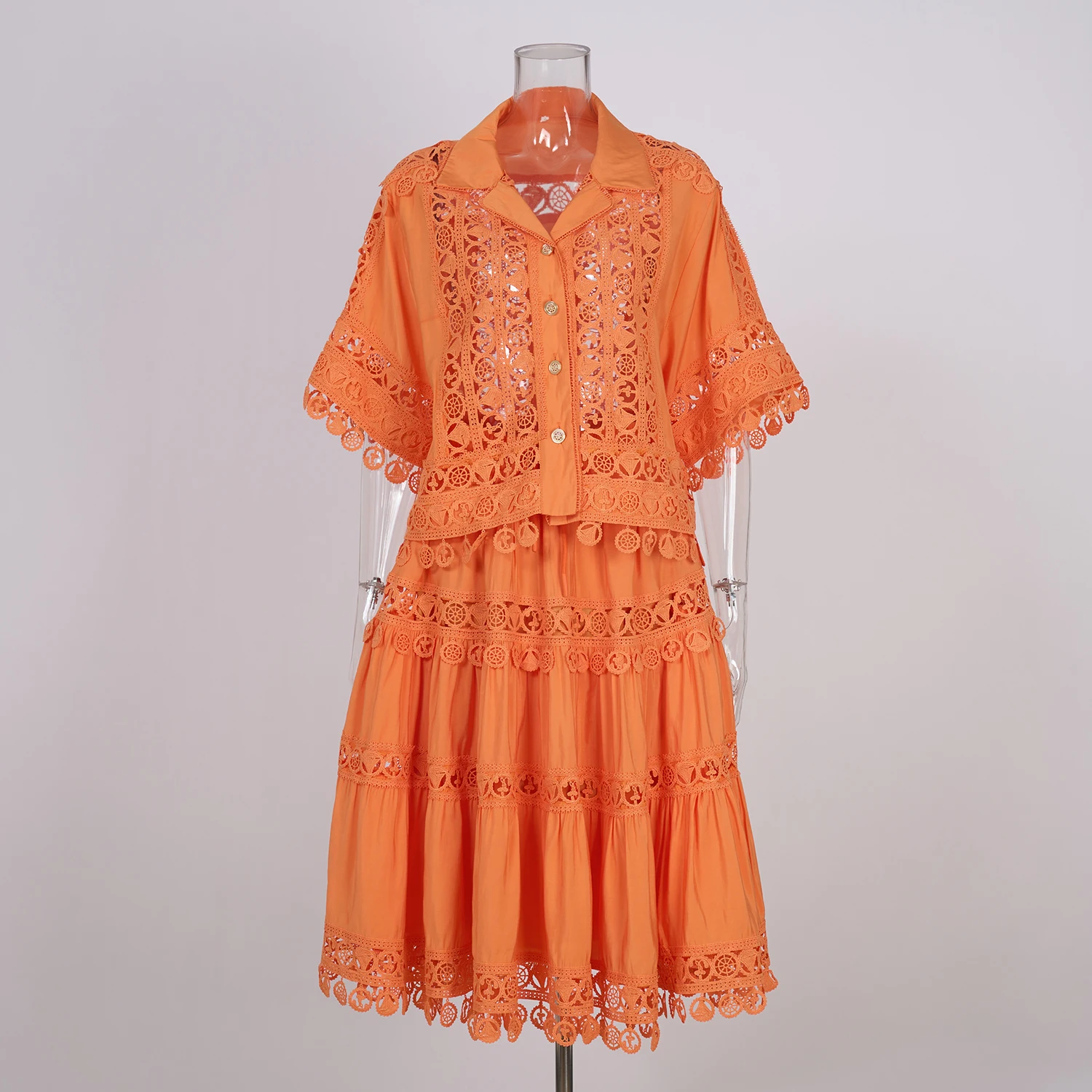 Two Piece Dress Summer Corchet White Lace Embroidery Hollow Out 2 Pieces Set Outfits Women Loose Shirt Tops Elastic Waist Midi Skirts Suit 2025