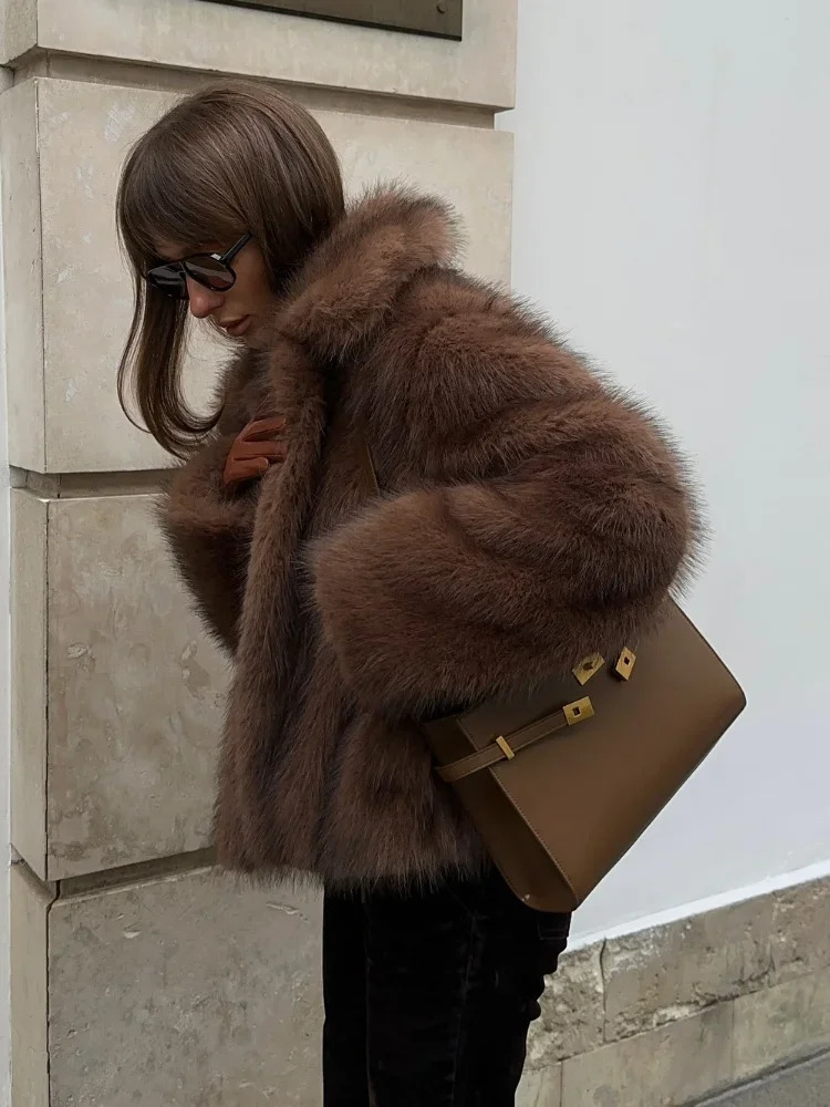 Winter Brown Lapel Warm Faux Fur Coat Fluffy Plush Long Sleeve Thick Short Jacket Chic Ladies High Street Outerwear