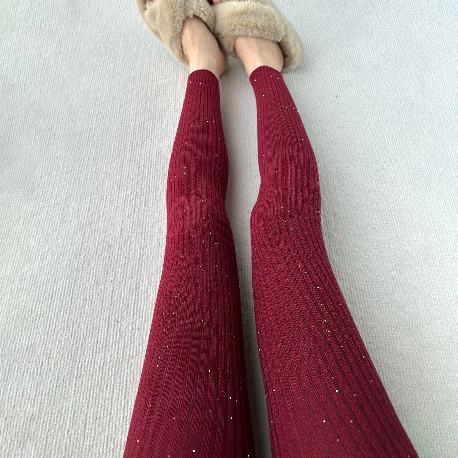 5 colors of womens autumn knitted long legs sparkling Bingbing small sequin long legs Ankora Burgundy pants solid leggings 241206
