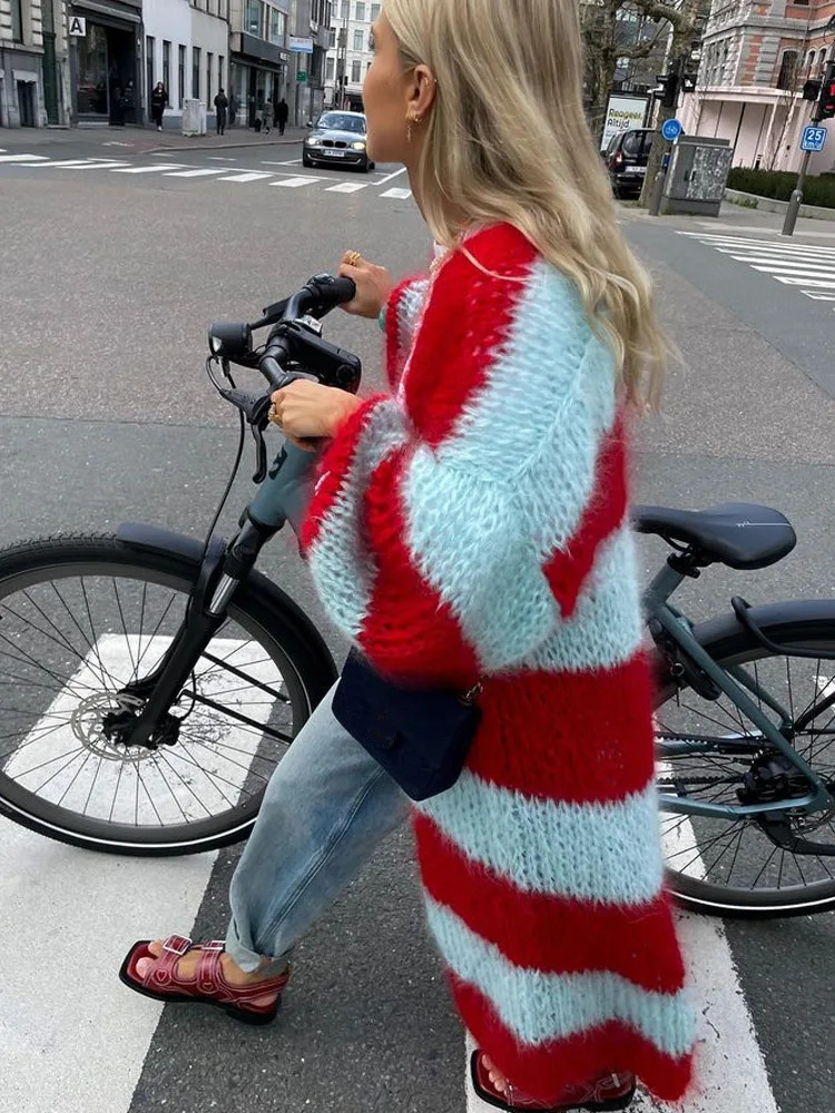 Womens casual loose striped knitted sweater jacket ious solid womens oversized cardigan basic knitting for autumn and winter 241206
