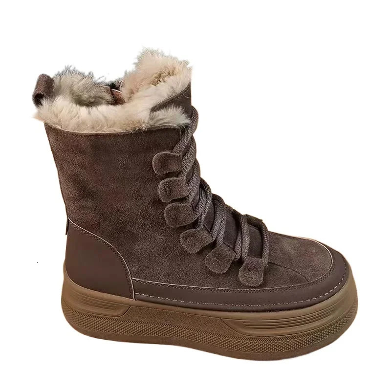 Winter Snow Womens Boots Platform Small Leg Boots Sewing Round Lace Flat Edge Zipper Womens Shoes 241205