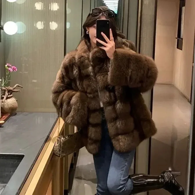 GkyocQ Korean Fashion Womens Faux Fur Coat Fashion Standing Collar Short Sleeve Coat Soft Silk Fur Womens Coat 241202