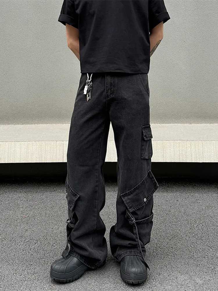 High Quality Cyber Y2K Streetwear Black Multi Pocket Jeans Mens Cargo Pants Designer Clothing Straight Trousers Pantalon Homme T241207
