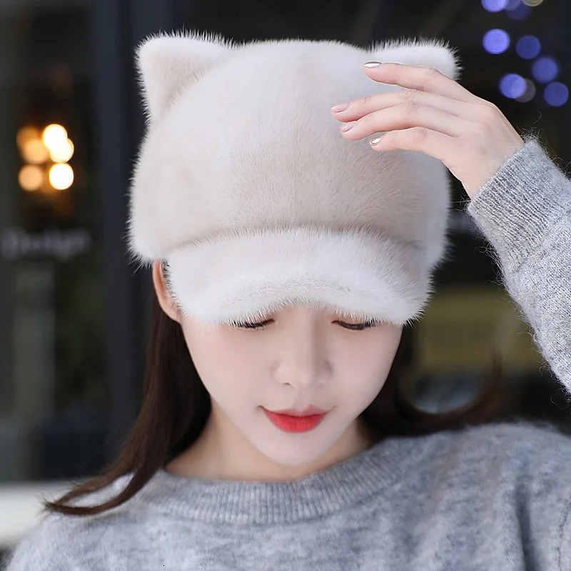 Fashionable Korean womens baseball cap winter thick mink duck cap cute cat ears real fur outdoor casual ear cap 241206