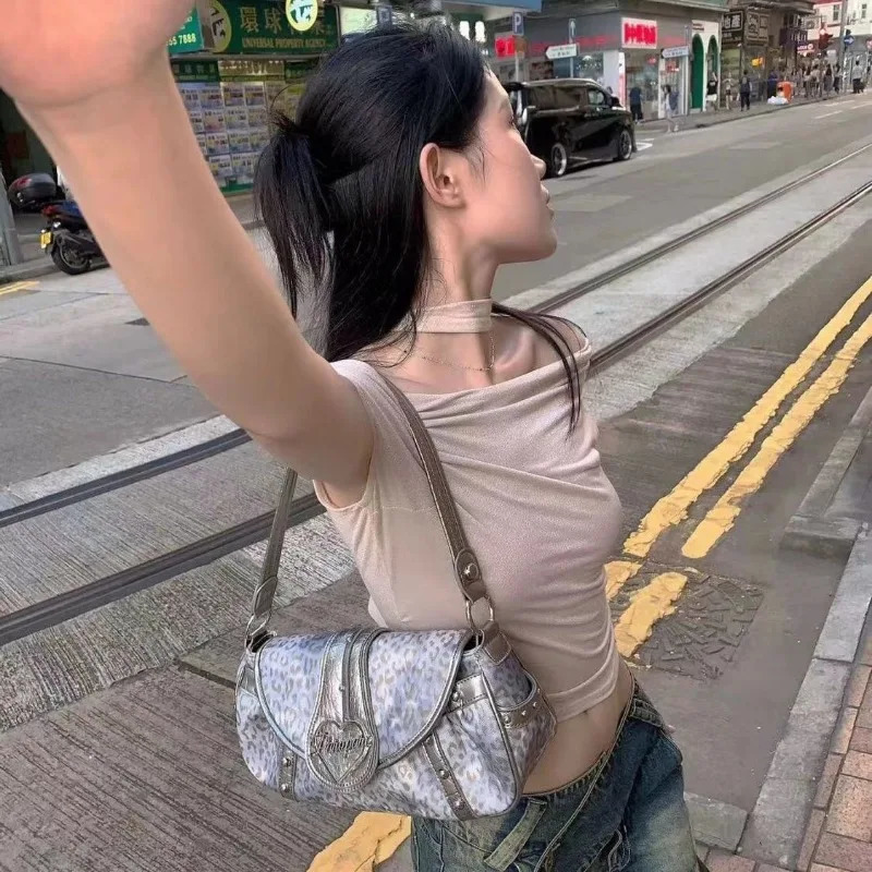 Gainny Y2k leopard print shoulder bag for women retro Korean fashion trend cross body bag Harajuku streetwear aesthetic youth bag 241205