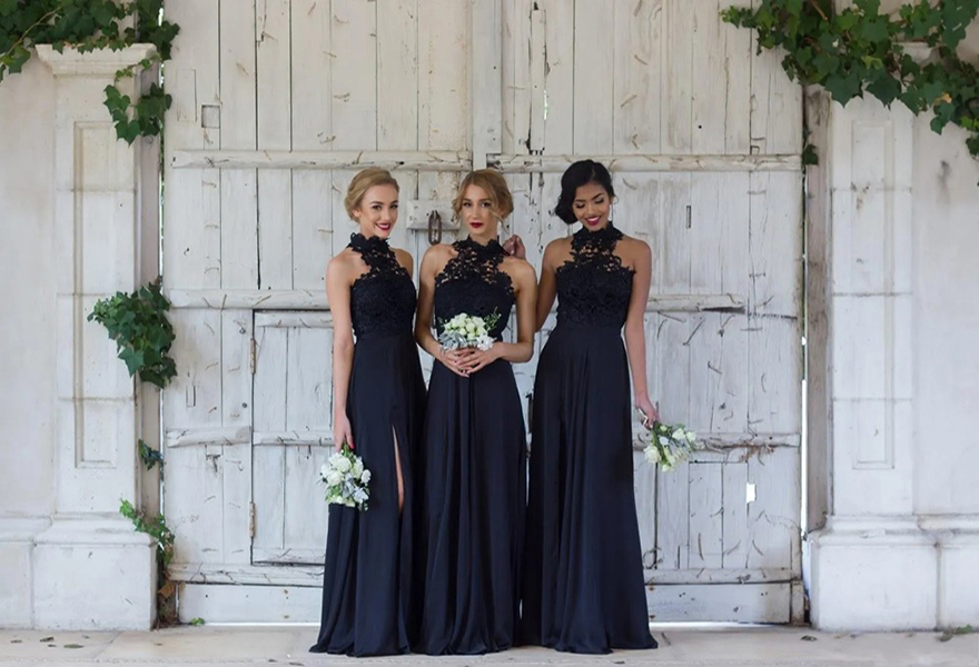 2024 Elegant Navy blue Bridesmaid Dresses for Wedding Chiffon A-Line Halter Slit Formal Dresses Party Lace Modest Maid Of Honor Dress