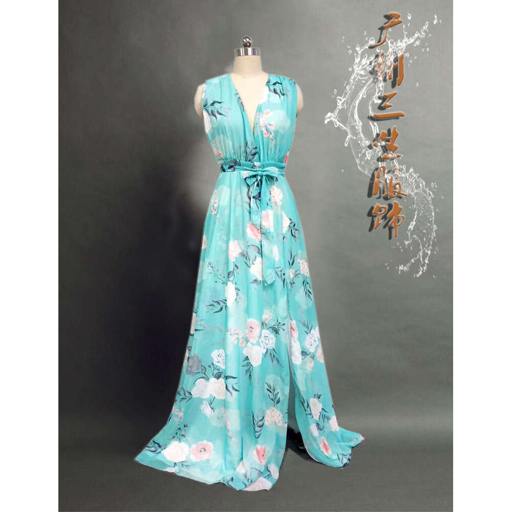 European and American Summer Women's Wear Shoulder Off Back Printed Chiffon Dress 2024 New Casual Fashion Trendy Clothing