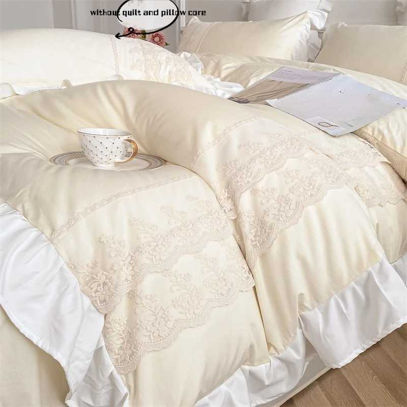 3pcs Princess style case set duvet cover set with cases Lace bedding set king and double beigeC250122